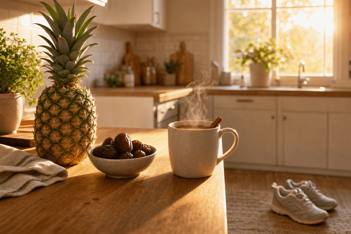 A ripe pineapple, a bowl of dates, a steaming mug of spiced tea, and comfortable walking shoes on a sunlit kitchen counter in warm morning light.
