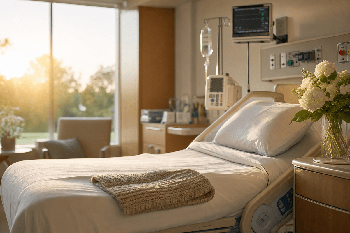 A serene hospital labor and delivery room bathed in warm golden afternoon light, with crisp white linens, a soft folded knitted blanket, and white flowers beside softly blurred medical equipment