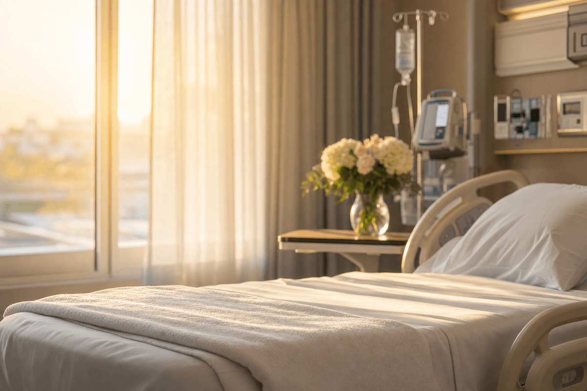 A quiet, sunlit hospital labor room at golden hour, with a softly made bed, pale flowers, and monitoring equipment gently blurred in the background, evoking calm and safety.