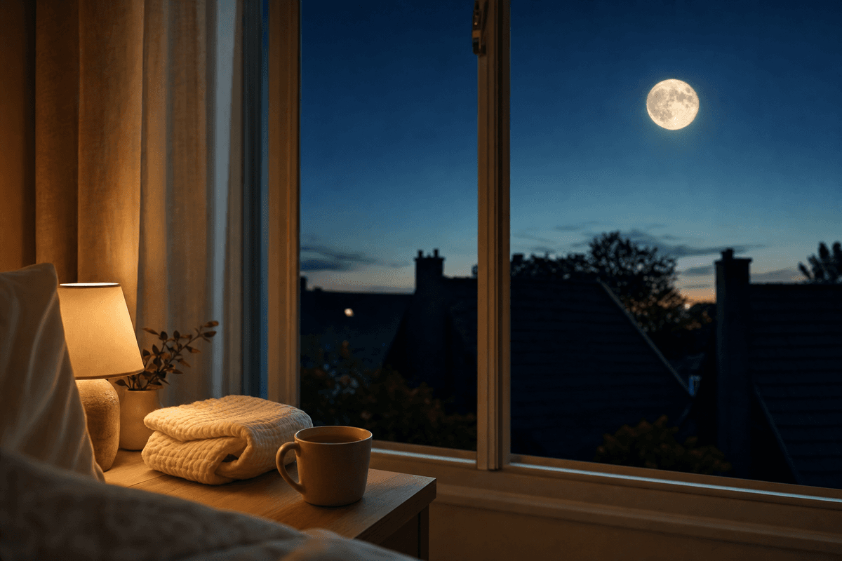 A bright full moon glowing in a deep twilight sky, seen from a cozy bedroom window beside a warm lamp, a folded knit blanket, and a steaming cup of tea.