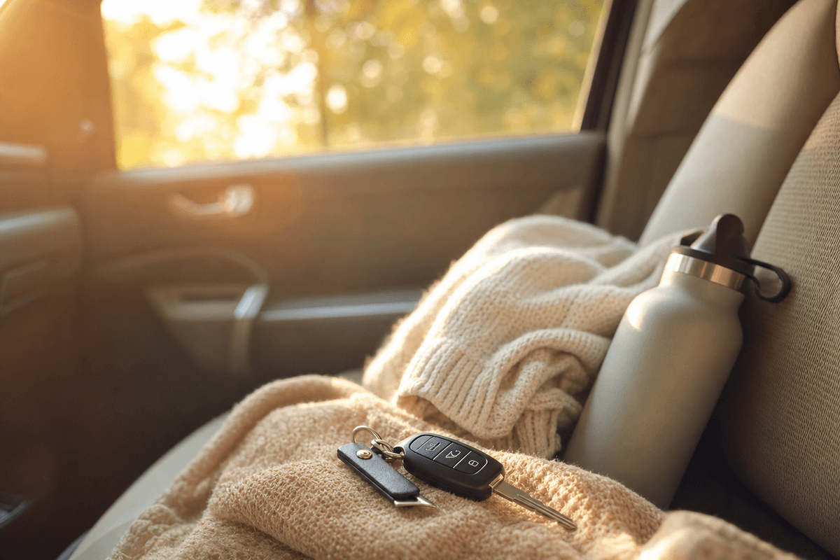 Car keys resting on a soft cream knit blanket on a sunlit car seat beside a water bottle, with warm golden morning light through the window, evoking a calm return to driving.