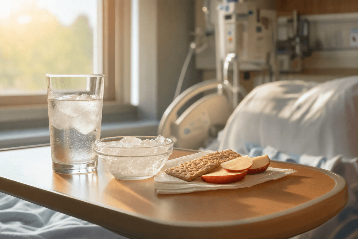 A glass of ice water, a small bowl of ice chips, and crackers with apple slices on a hospital bedside tray in warm morning light, with a labor-room bed softly blurred behind.
