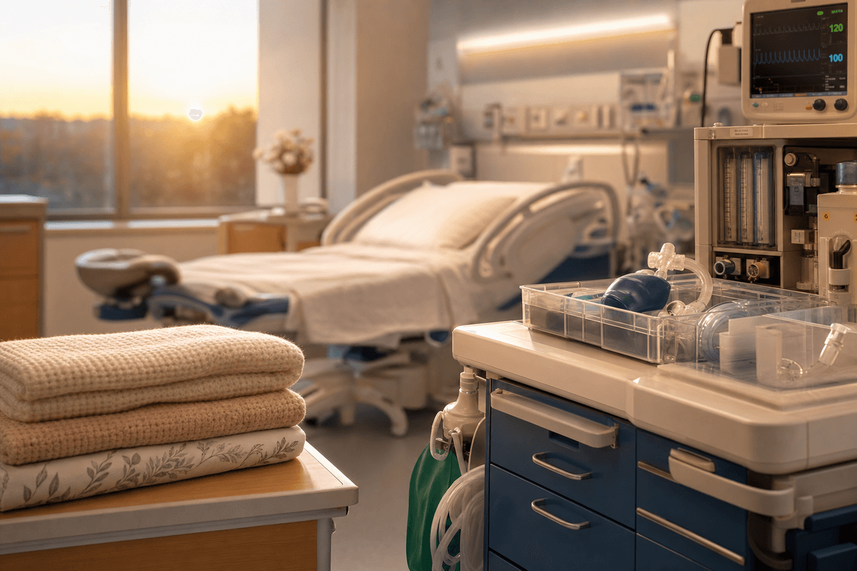 A calm, sunlit hospital delivery room at dawn with neatly folded warm blankets and a prepared anesthesia cart, conveying a ready and reassuring care team.