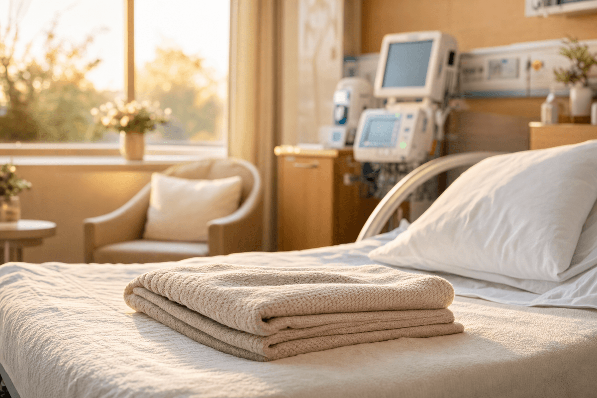 A softly folded blanket on a neatly made hospital birthing bed in warm golden morning light, with monitoring equipment resting quietly out of focus nearby