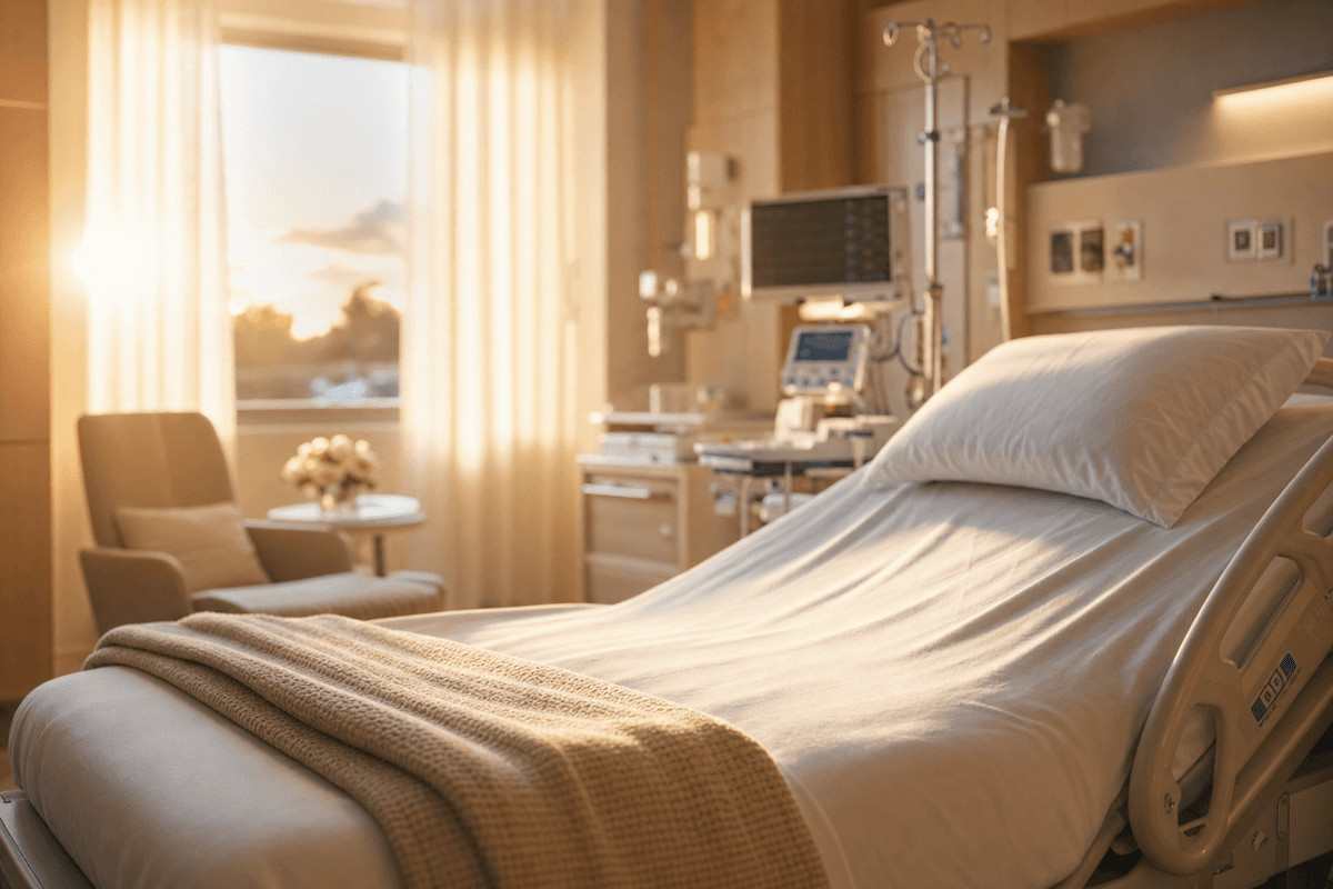 A calm, sunlit hospital labor room at golden hour, with a freshly made bed, a soft knit blanket, and monitoring equipment gently blurred in the background.
