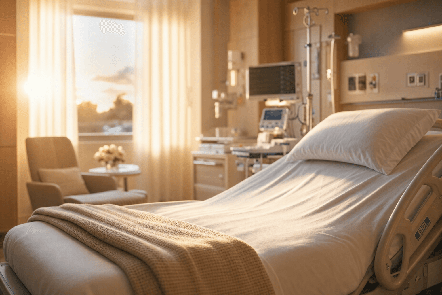 A calm, sunlit hospital labor room at golden hour, with a freshly made bed, a soft knit blanket, and monitoring equipment gently blurred in the background.