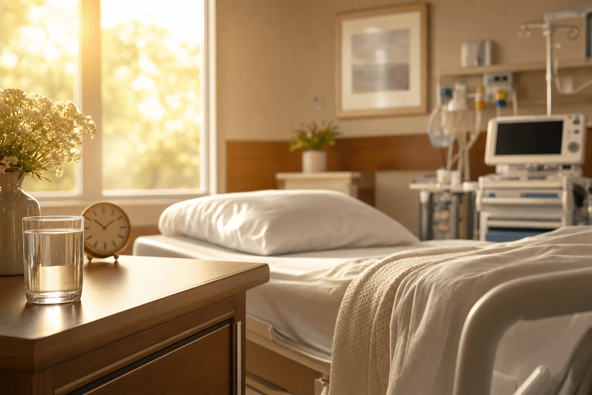 A sunlit hospital birthing room in warm golden light, with a small clock and a glass of water on the bedside table beside a softly made bed