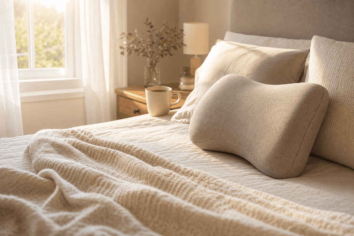 A soft lumbar support cushion and a cream knit blanket on a neatly made bed beside a sunlit window, with a warm mug of tea nearby, evoking gentle back comfort during recovery