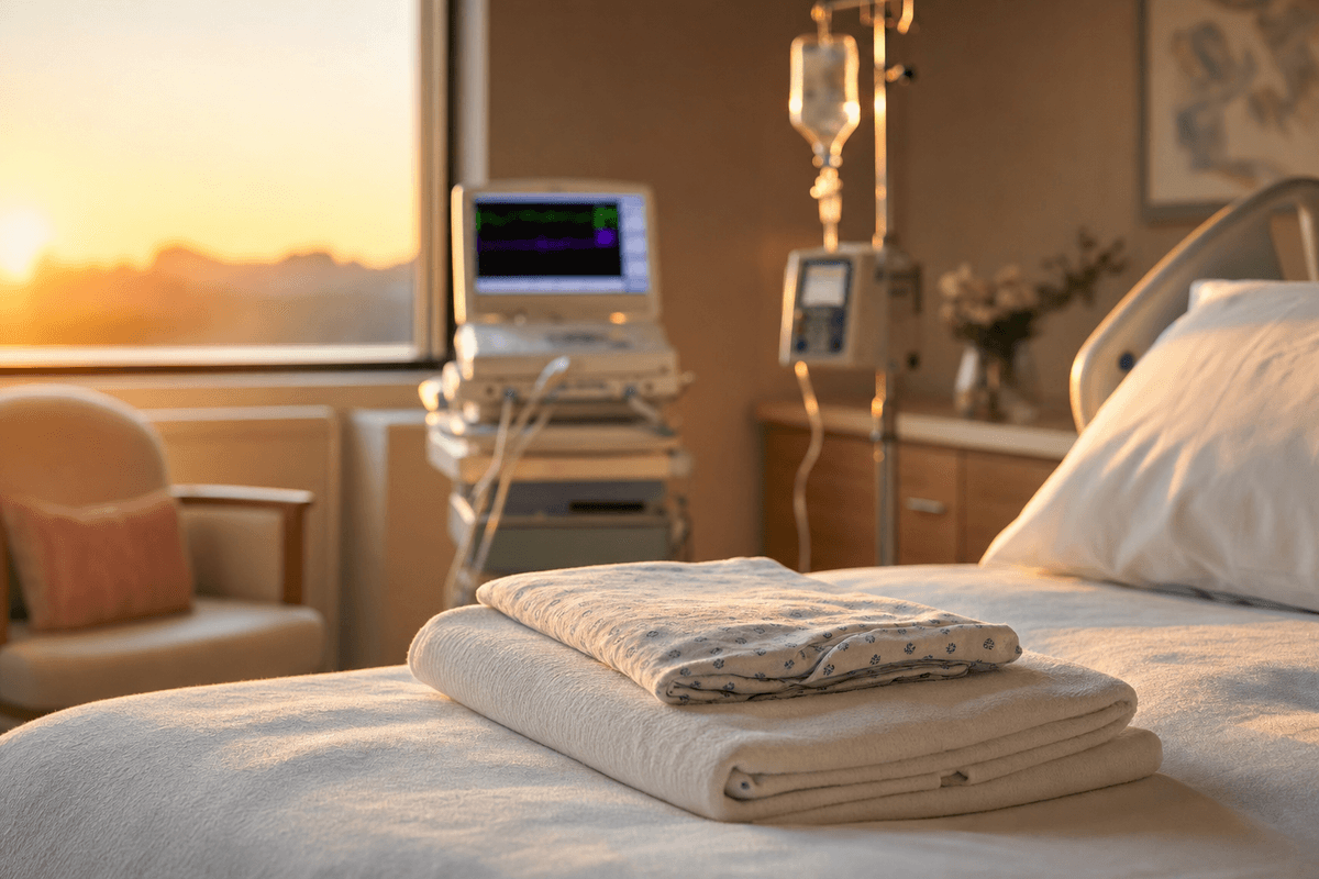 A neatly folded blanket and small gown resting on a hospital bed in warm golden window light, with softly blurred monitoring equipment in a calm birthing room.