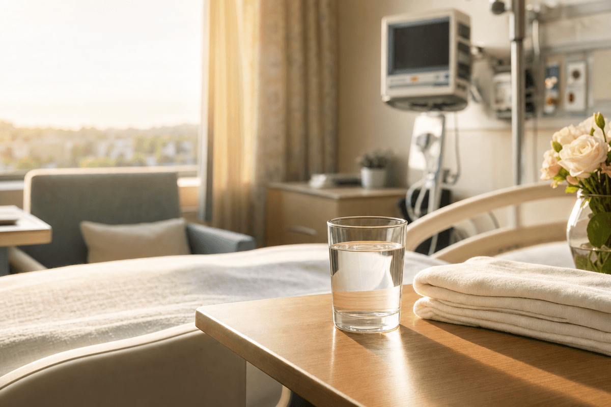 A glass of water and softly folded white towels on a bedside table in a warm, sunlit hospital recovery room, with medical equipment gently blurred in the background, evoking a calm and reassuring recovery.