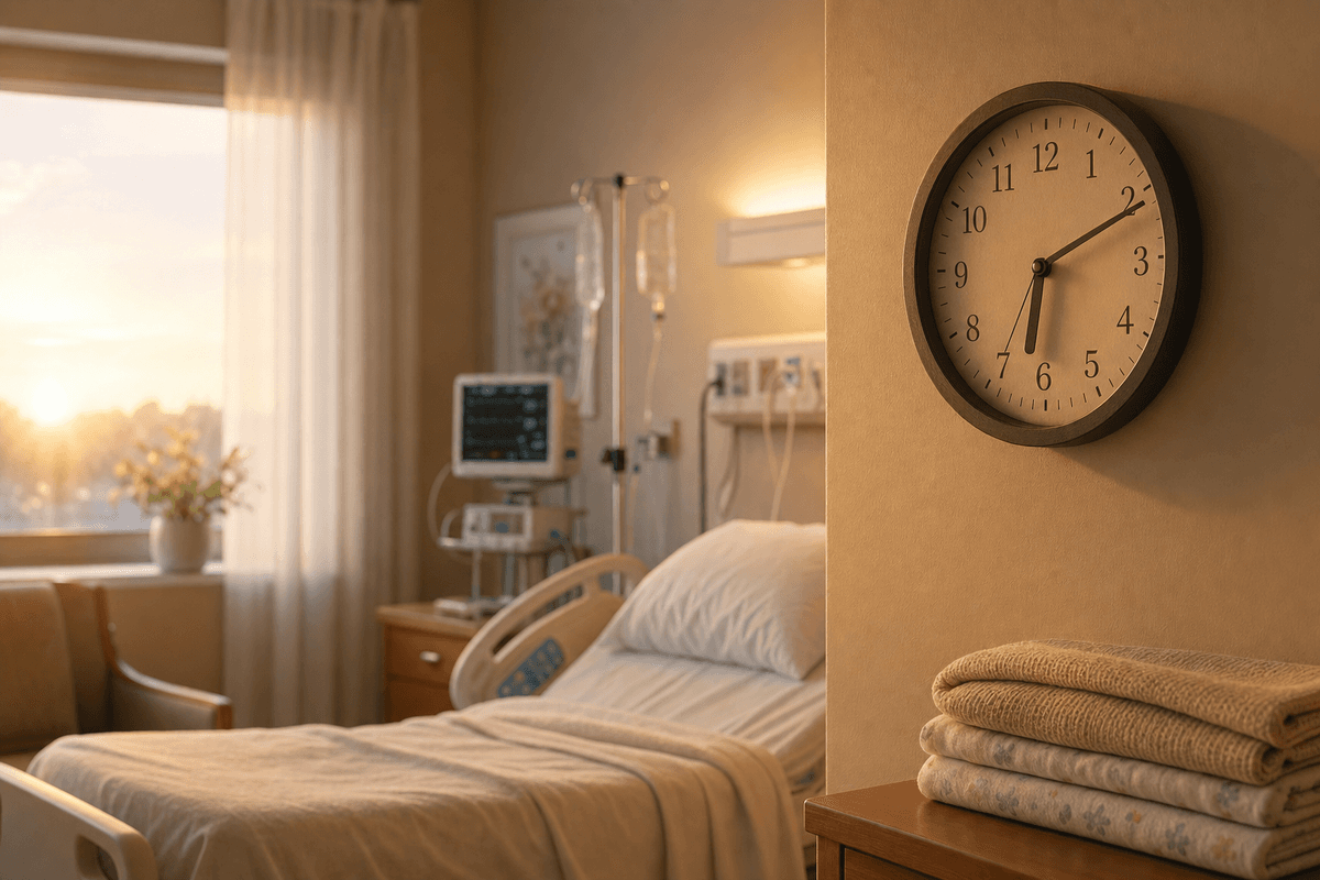 A quiet hospital labor room at dawn with a softly lit wall clock and folded blankets, warm golden light suggesting the unhurried timeline of an induction.
