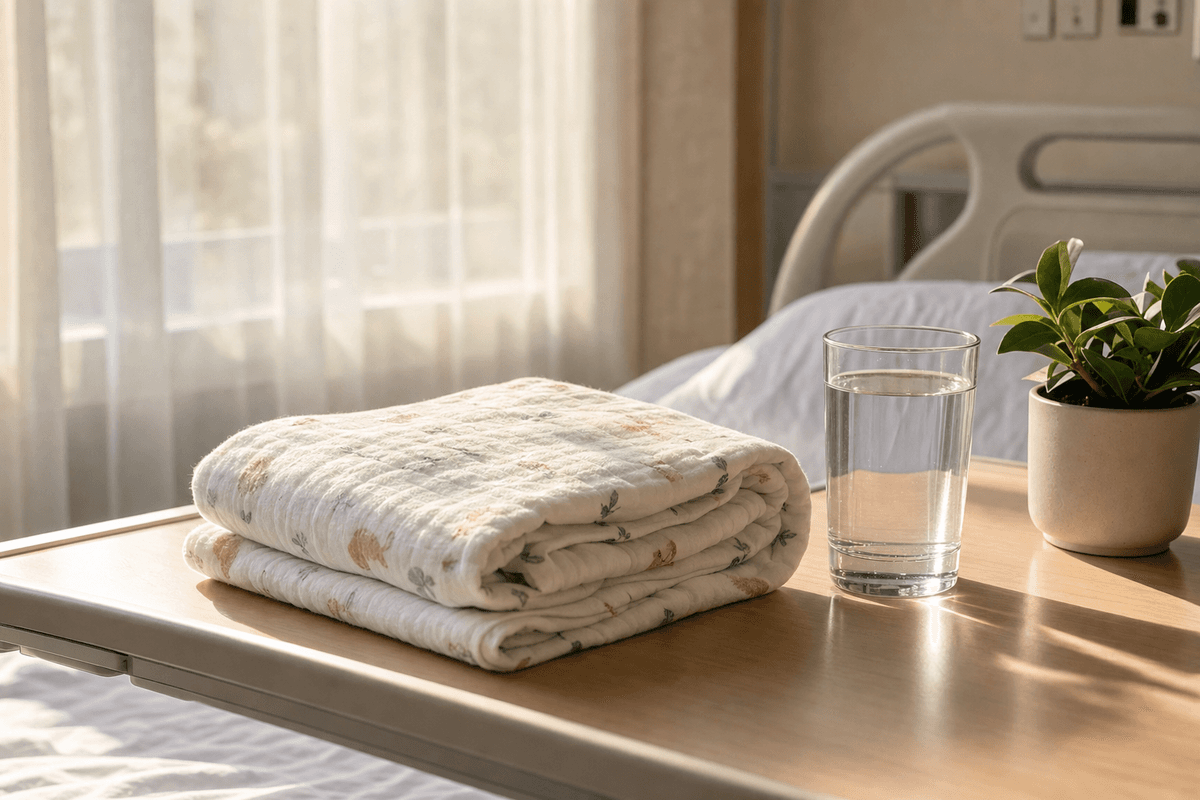 A softly folded swaddle blanket and a glass of cool water on a sunlit hospital bedside table, bathed in gentle warm morning light evoking calm recovery.