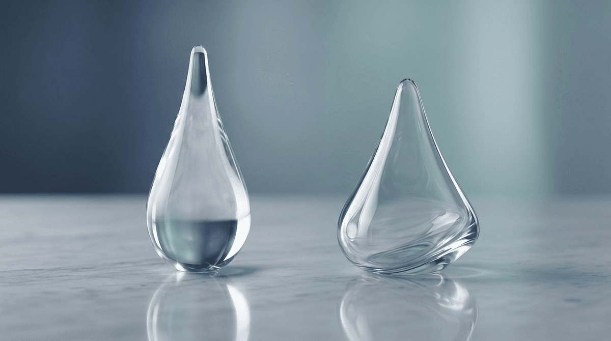 Two differently shaped glass droplets catching light on a reflective surface, a conceptual comparison