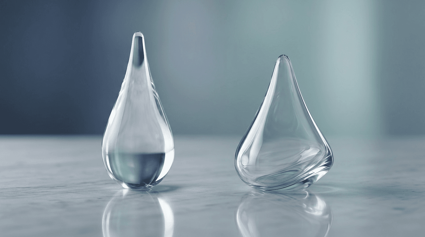 Two differently shaped glass droplets catching light on a reflective surface, a conceptual comparison