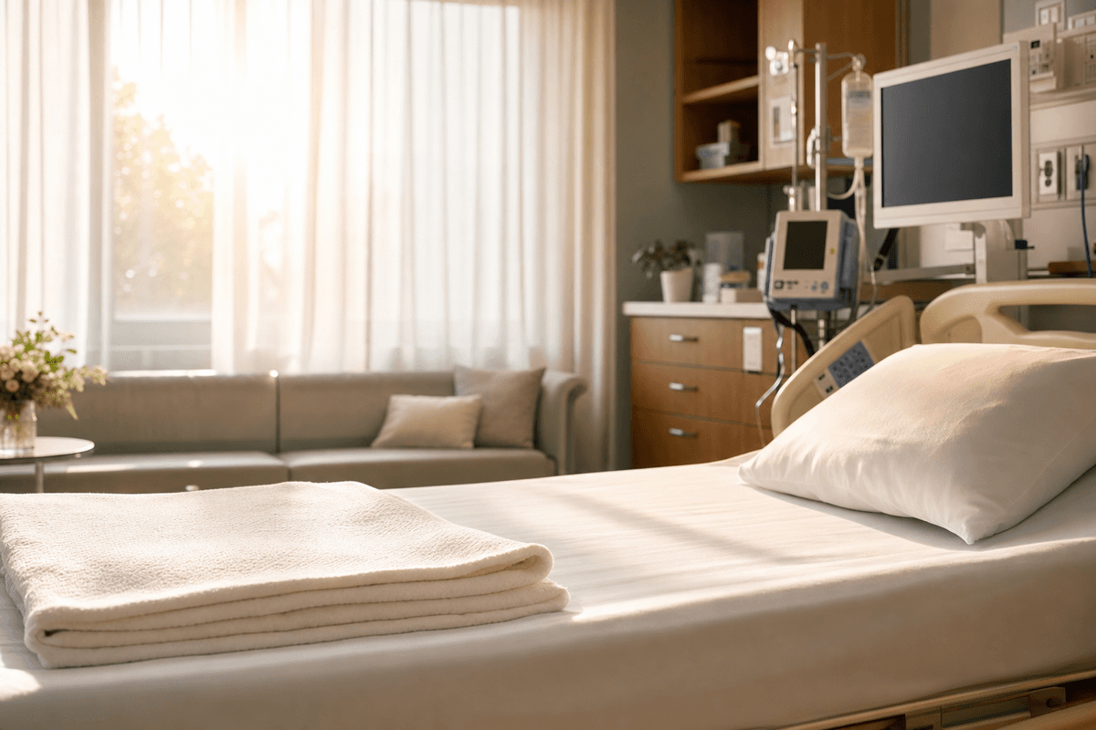 A quiet, sunlit hospital birth room with a neatly made bed and folded white towels in the foreground, soft equipment blurred behind, in warm morning light.