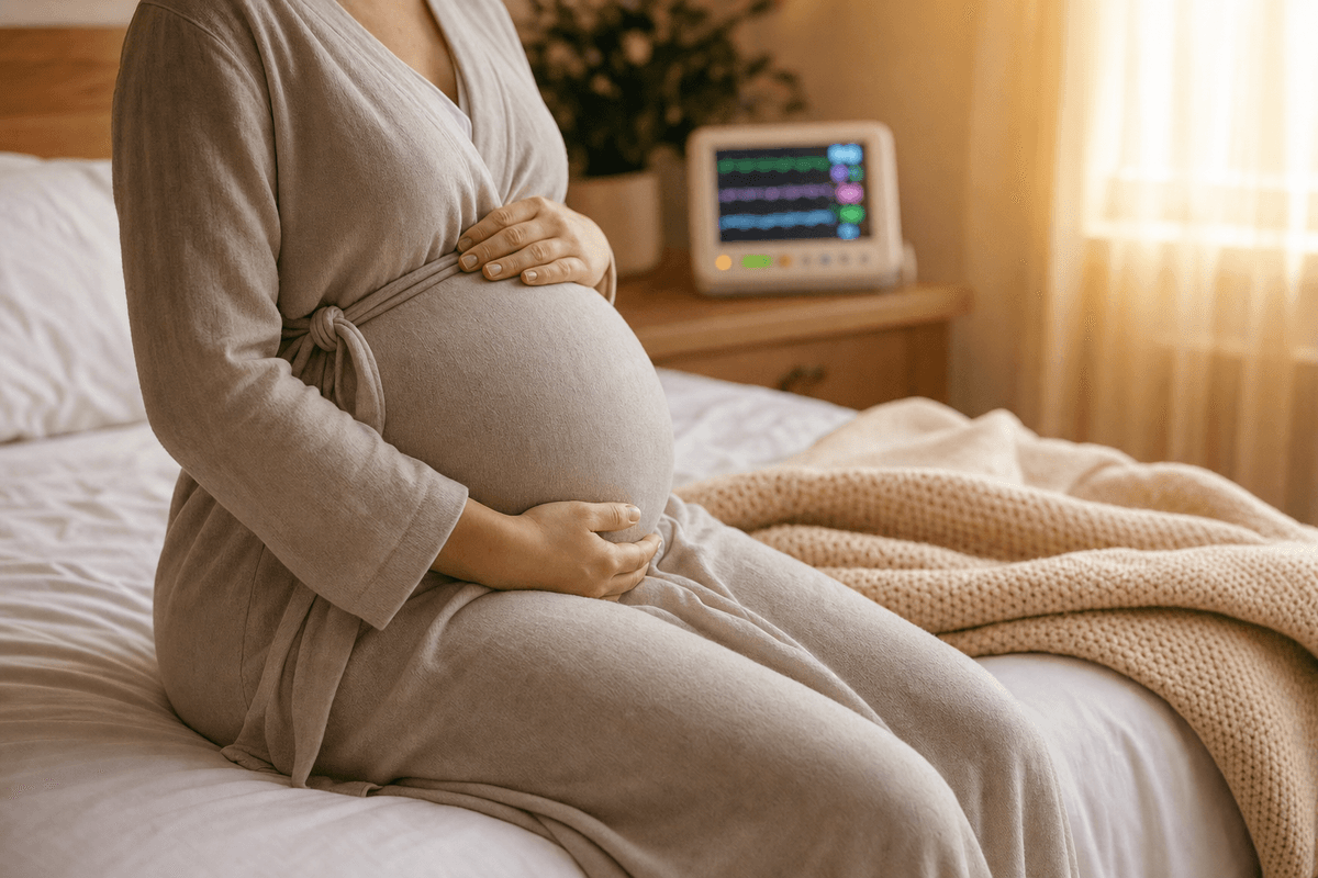 An expectant mother in a soft robe rests her hands over her late-term belly on a made bed in warm window light, a softly blurred vital-signs monitor nearby.
