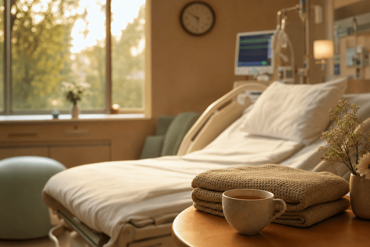 A calm, sunlit hospital birthing suite in warm afternoon light, with a folded soft blanket and a cup of tea resting on a side table and a wall clock gently out of focus, evoking patience and time during labor