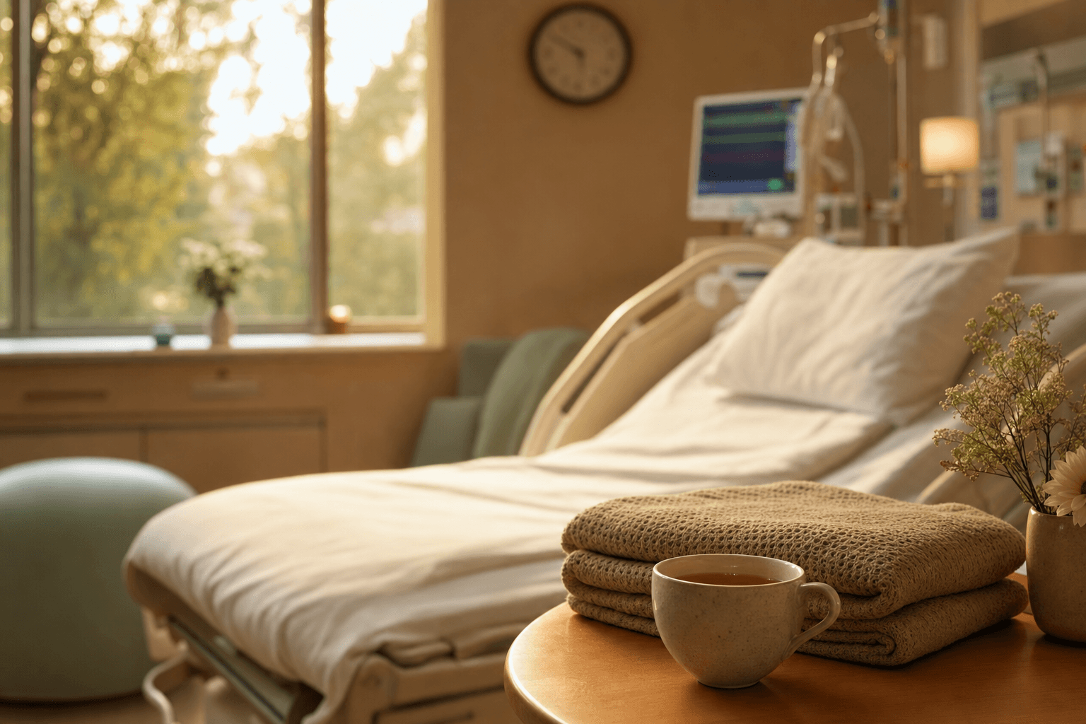 A calm, sunlit hospital birthing suite in warm afternoon light, with a folded soft blanket and a cup of tea resting on a side table and a wall clock gently out of focus, evoking patience and time during labor