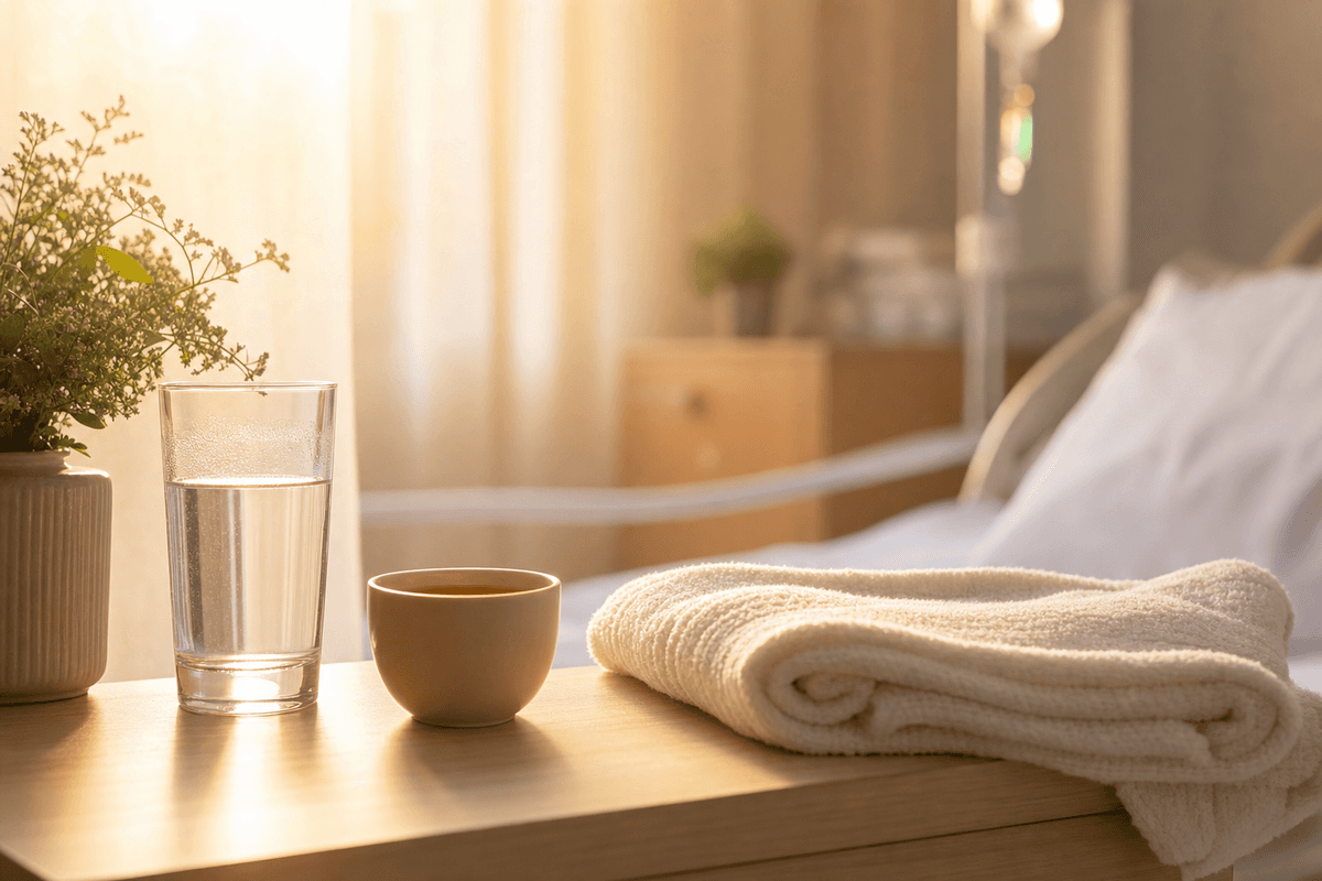 A clear glass of water and a small cup of tea beside a softly folded blanket on a sunlit wooden nightstand, evoking calm preparation before a procedure.