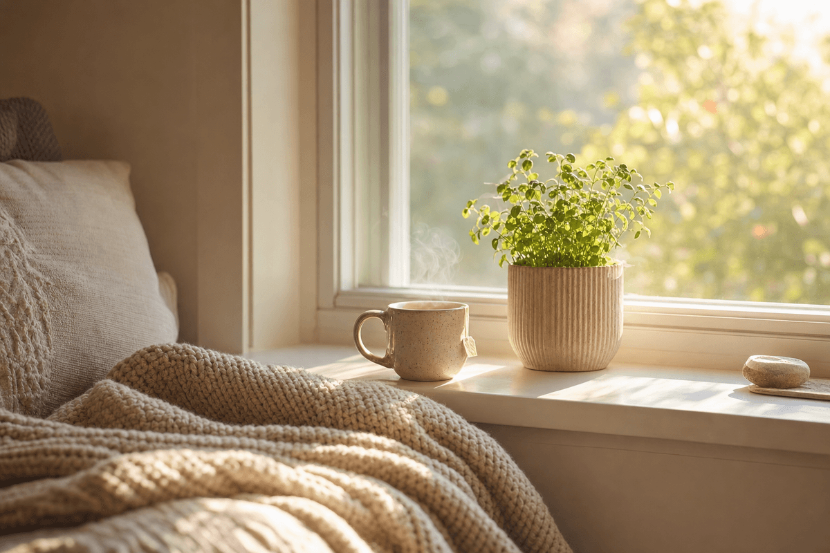 A cozy sunlit window seat with a soft knit blanket, a warm mug of tea, and a small potted plant in gentle morning light, evoking calm and comfort.