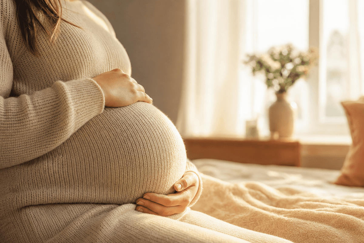 An expectant mother's hands gently cradling her pregnant belly in warm morning light by a softly lit window, evoking a quiet, tender connection with her baby's movements.