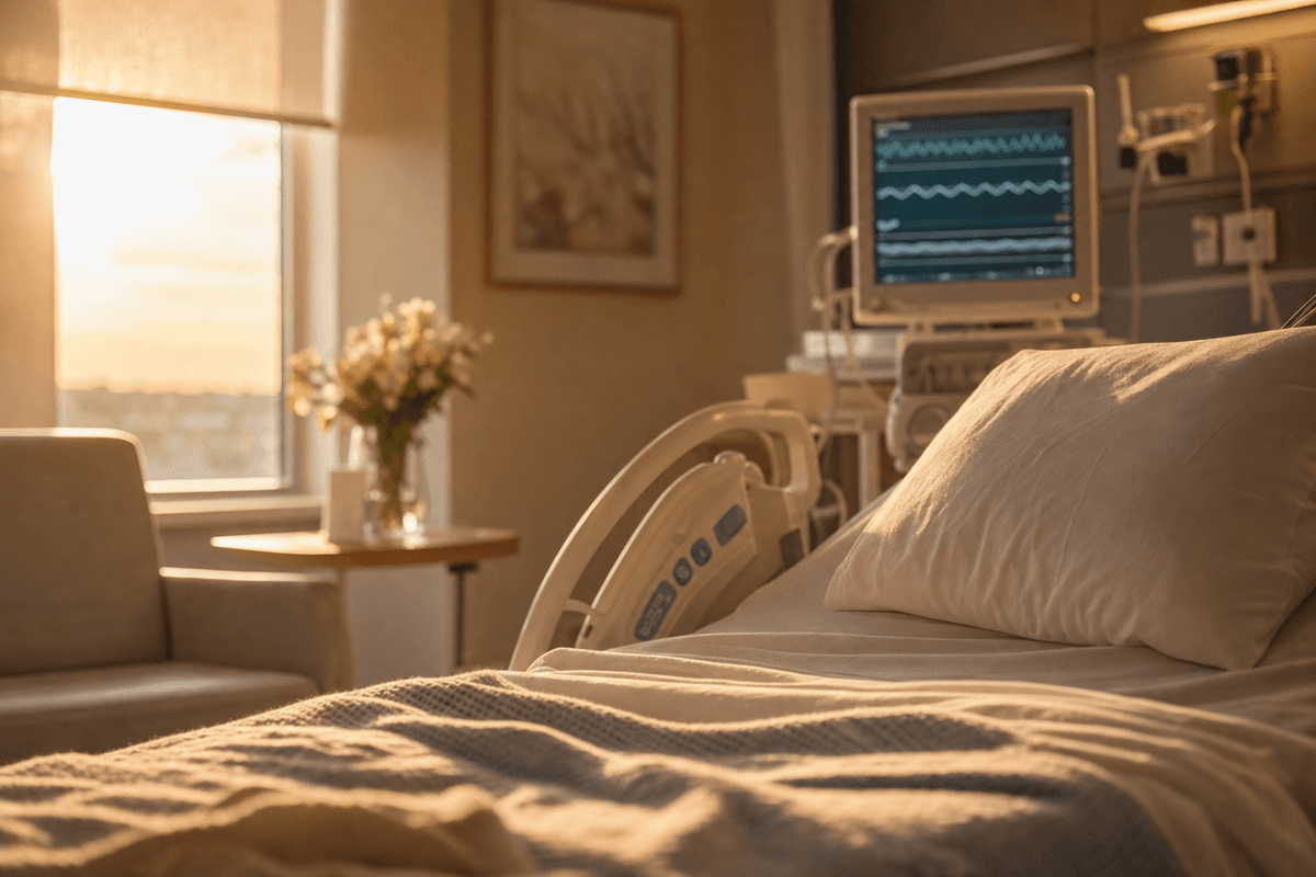 A peaceful hospital birthing room at dawn in warm golden light, with soft bed linens and a gently glowing monitor showing a soft waveform in the background.