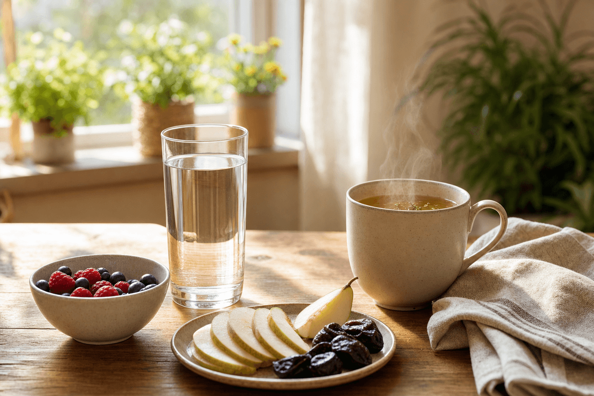 A glass of water, a bowl of fresh berries, sliced pears and prunes, and a steaming mug of tea on a sunlit wooden table, evoking gentle hydration and easeful recovery.