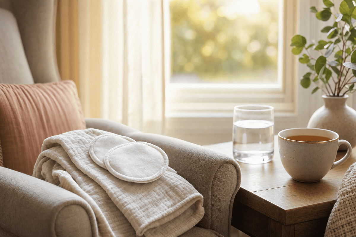 A cozy sunlit nursing corner with a folded muslin cloth, soft cotton nursing pads, a glass of water and a warm cup of tea, evoking calm support for managing milk flow