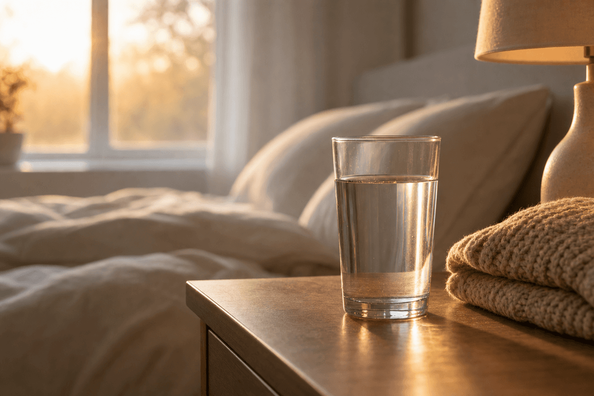 A clear glass of water on a wooden nightstand beside a soft bed and a knit blanket, glowing in warm early-dawn light through a nearby window.
