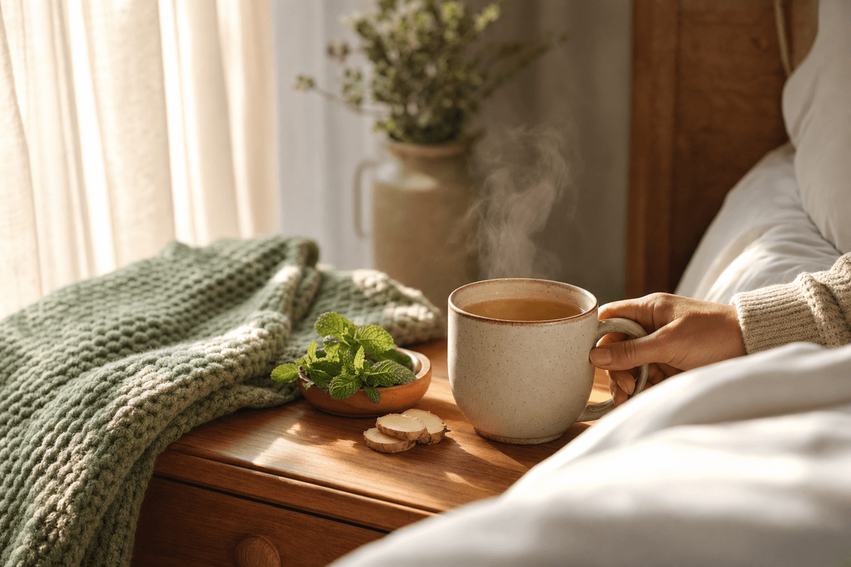 A hand cradling a steaming mug of ginger-and-mint herbal tea on a sunlit wooden nightstand, beside a soft knit blanket and fresh mint, evoking gentle digestive comfort during recovery.
