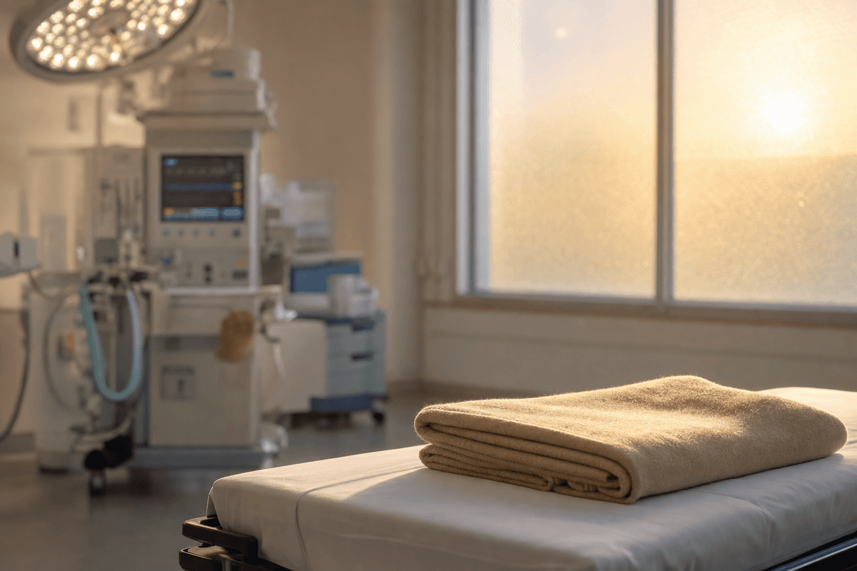 A softly folded warm blanket on a clean operating-room bed beside a frosted window glowing with golden morning light, with anesthesia equipment gently out of focus behind it.