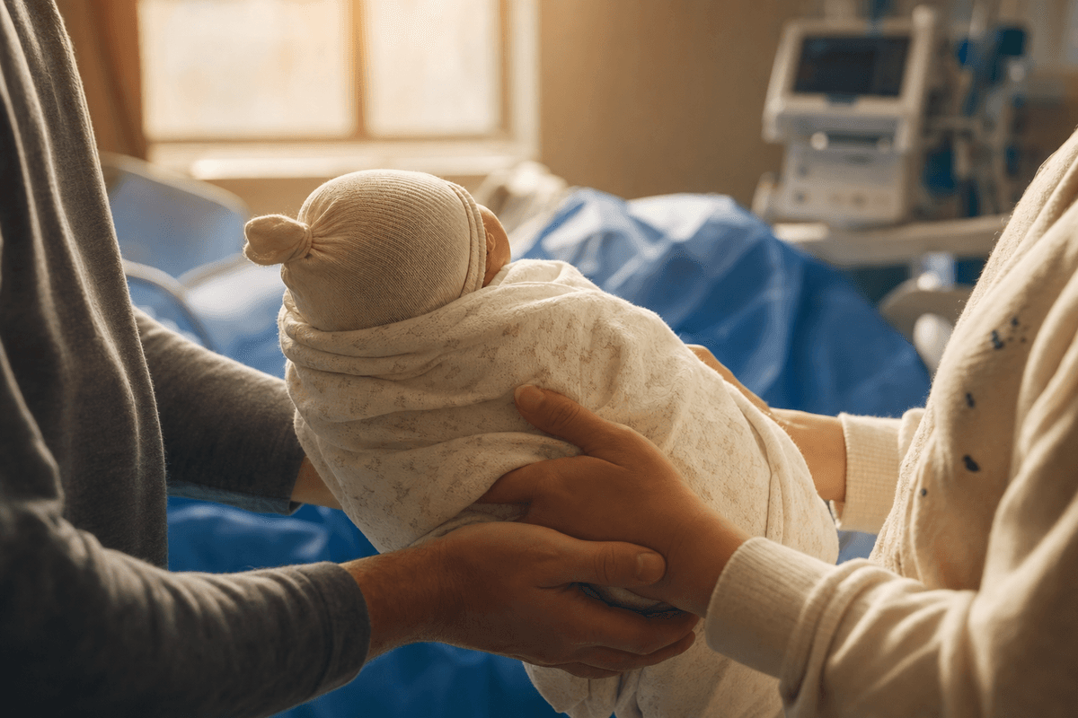 Two parents' hands gently cradle their swaddled newborn in warm golden light, with a soft blue surgical drape and hospital equipment blurred behind, evoking a tender family-centered cesarean.