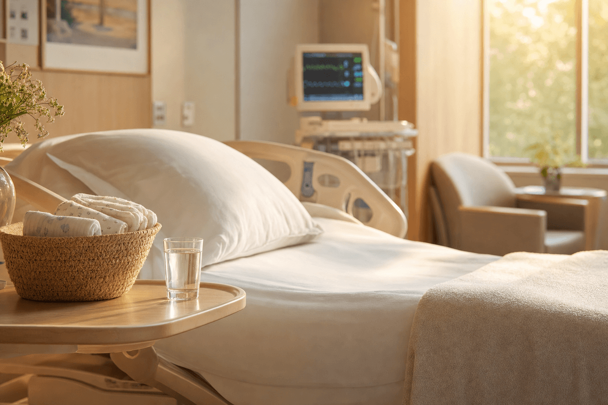 A serene hospital birthing room bathed in warm morning light, with soft white bed linens, a basket of folded swaddle blankets, and a monitoring device softly blurred in the background.