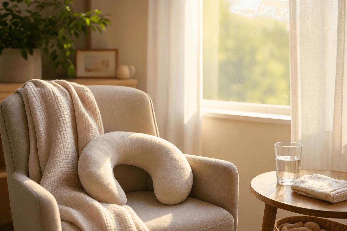 A cozy nursing corner with a soft armchair, a C-shaped nursing pillow, and a draped blanket bathed in warm golden window light.