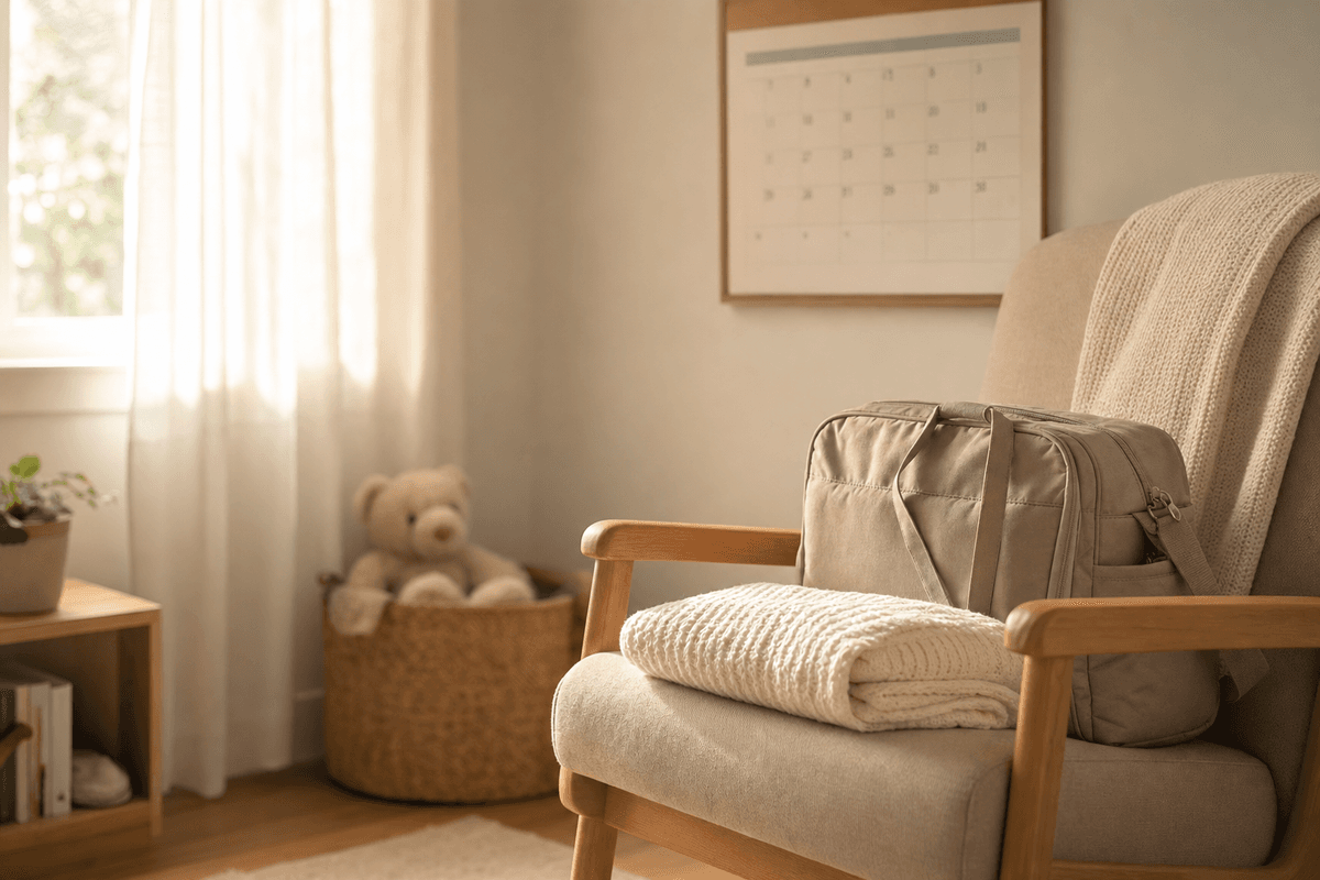 A packed overnight bag and a folded knit baby blanket resting on a nursery rocking chair beneath a softly blurred wall calendar in warm morning light, evoking the patient wait past a due date.