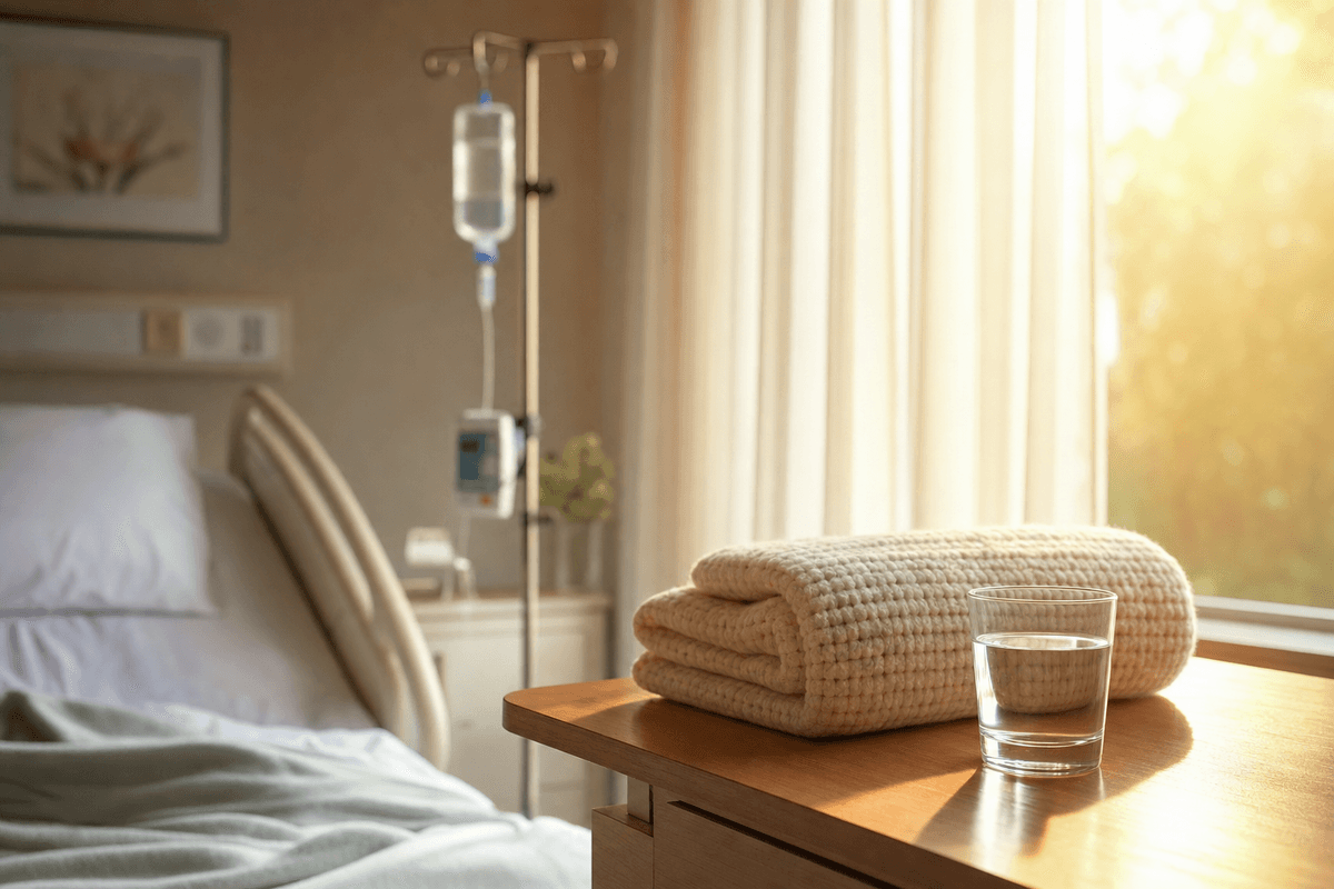 A calm sunlit hospital labor room with a folded knit blanket and a glass of water on a wooden table, an IV stand softly out of focus in the warm morning light