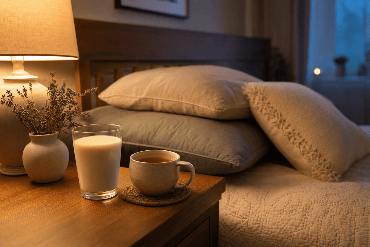 A warm bedside nightstand at dusk with a glass of milk and a cup of herbal tea beside softly stacked pillows on a cozy bed, glowing in amber lamplight.