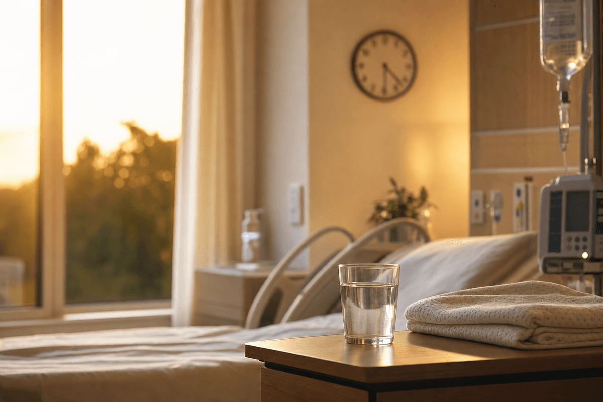 A peaceful sunlit hospital labor room at golden hour, with a wall clock, a glass of water and a folded blanket on a bedside table, gently evoking the passage of time during labor.