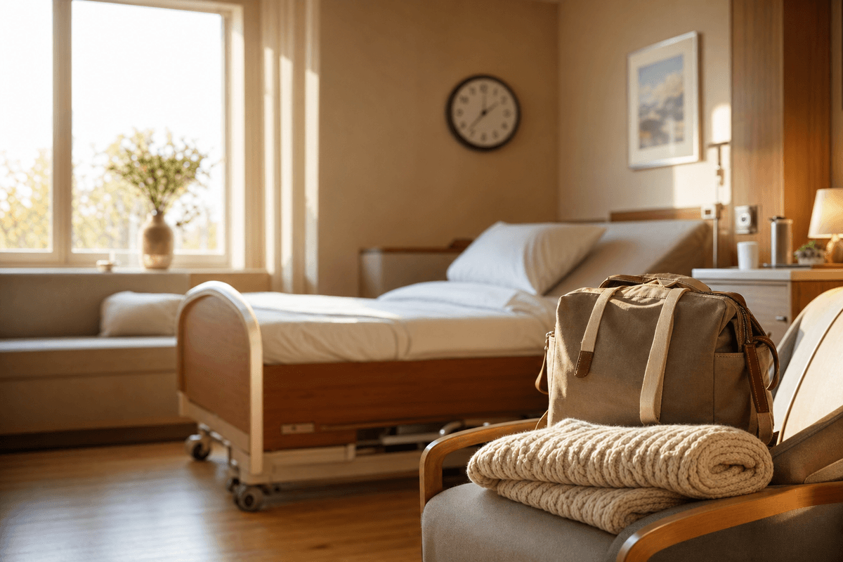 A calm sunlit birthing room in warm golden light, with a softly blurred wall clock, a folded knit blanket, and a packed overnight bag waiting on a chair.