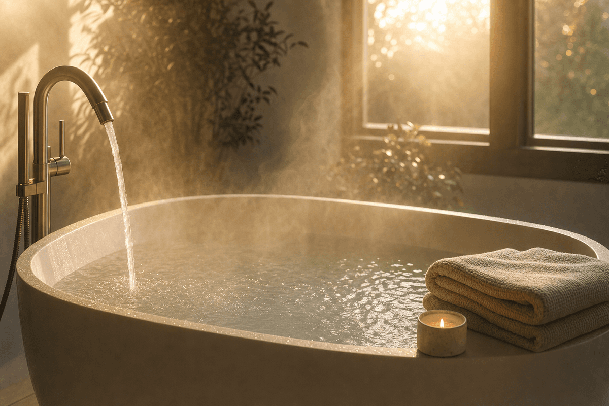 A deep soaking tub filling with warm water beside a softly glowing candle and folded towel, bathed in golden window light and gentle steam.