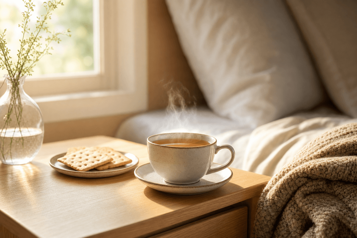 A steaming cup of ginger tea and a small plate of plain crackers on a sunlit wooden nightstand beside a soft knit blanket, evoking gentle rest and recovery.