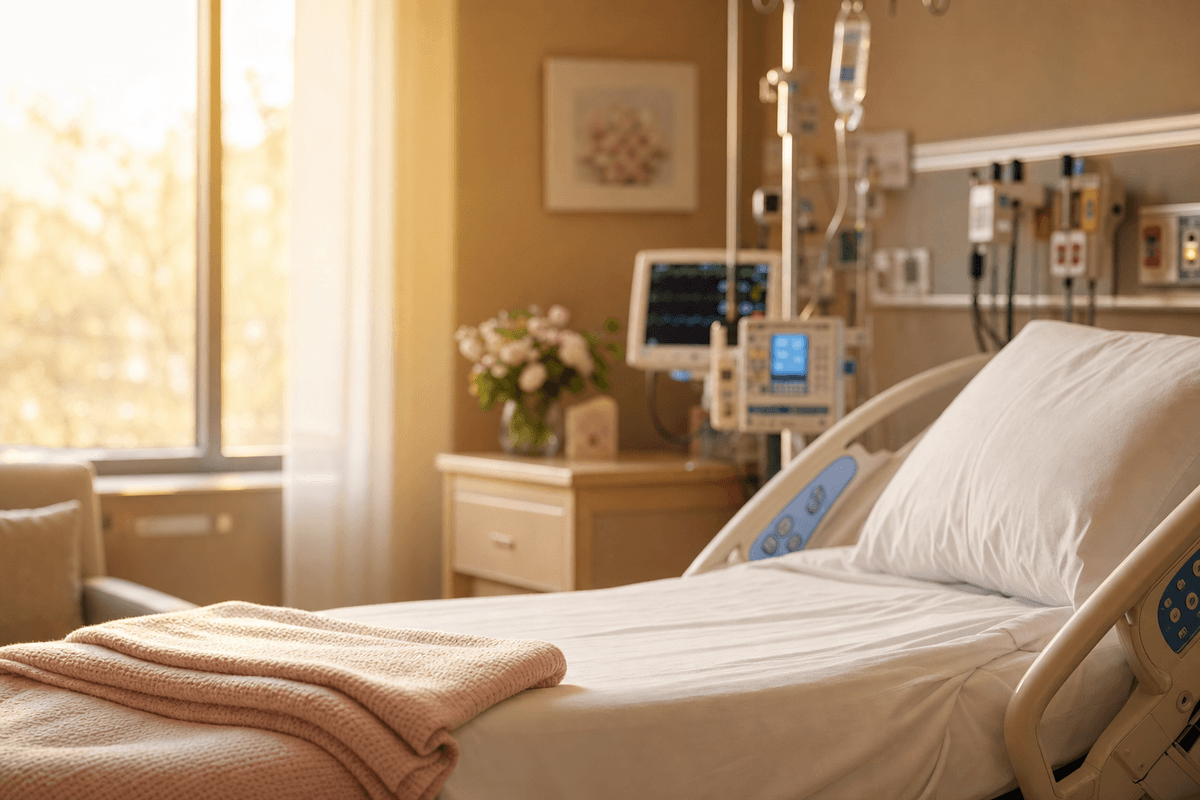 A serene hospital labor room bathed in warm golden afternoon light, with a softly made bed, a folded knit blanket, and gentle flowers beside out-of-focus monitors.