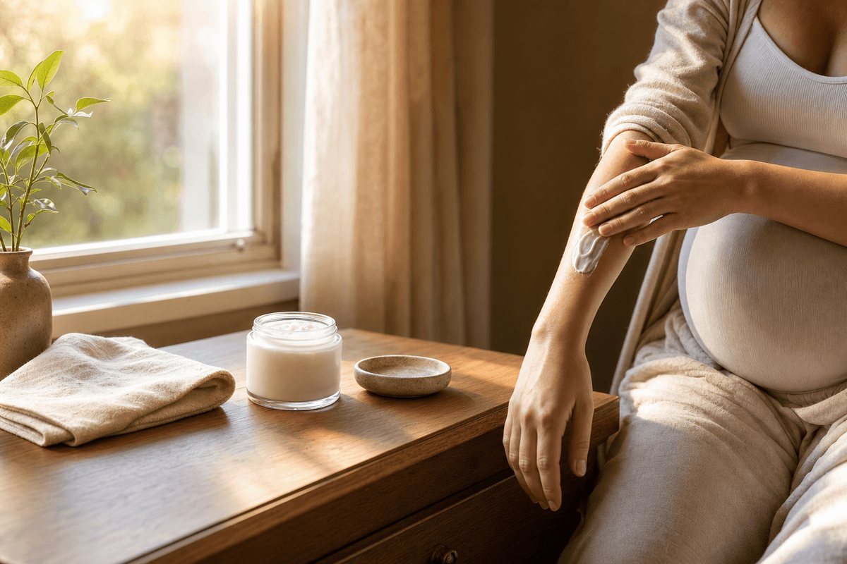 A pregnant woman's hands gently smoothing unscented moisturizer onto her forearm beside a sunlit window, with a cream jar and soft cotton cloth on a warm wooden nightstand.