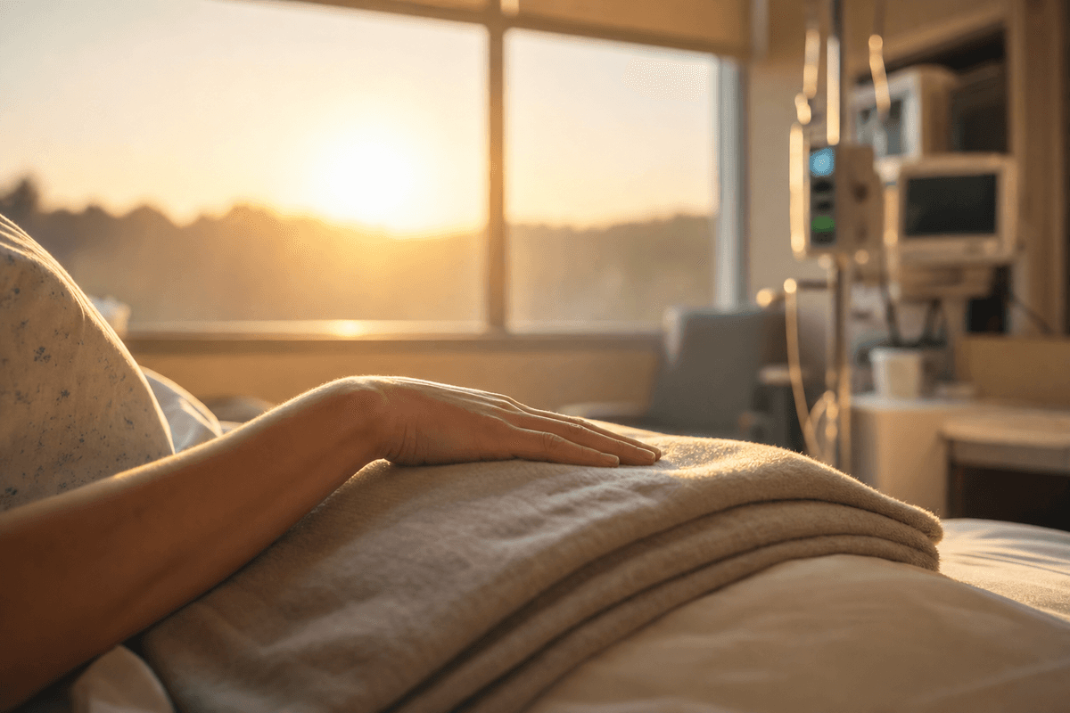 A relaxed hand resting on a soft folded blanket in a sunlit hospital room at dawn, with an IV pole and monitor gently out of focus nearby.