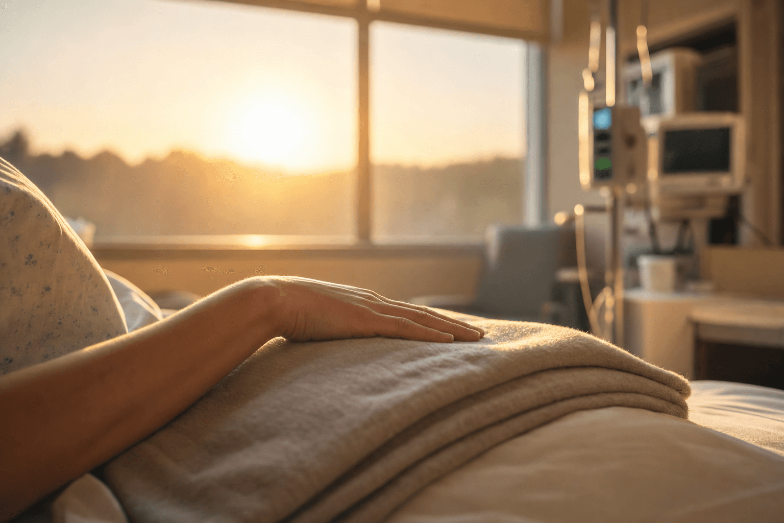 A relaxed hand resting on a soft folded blanket in a sunlit hospital room at dawn, with an IV pole and monitor gently out of focus nearby.