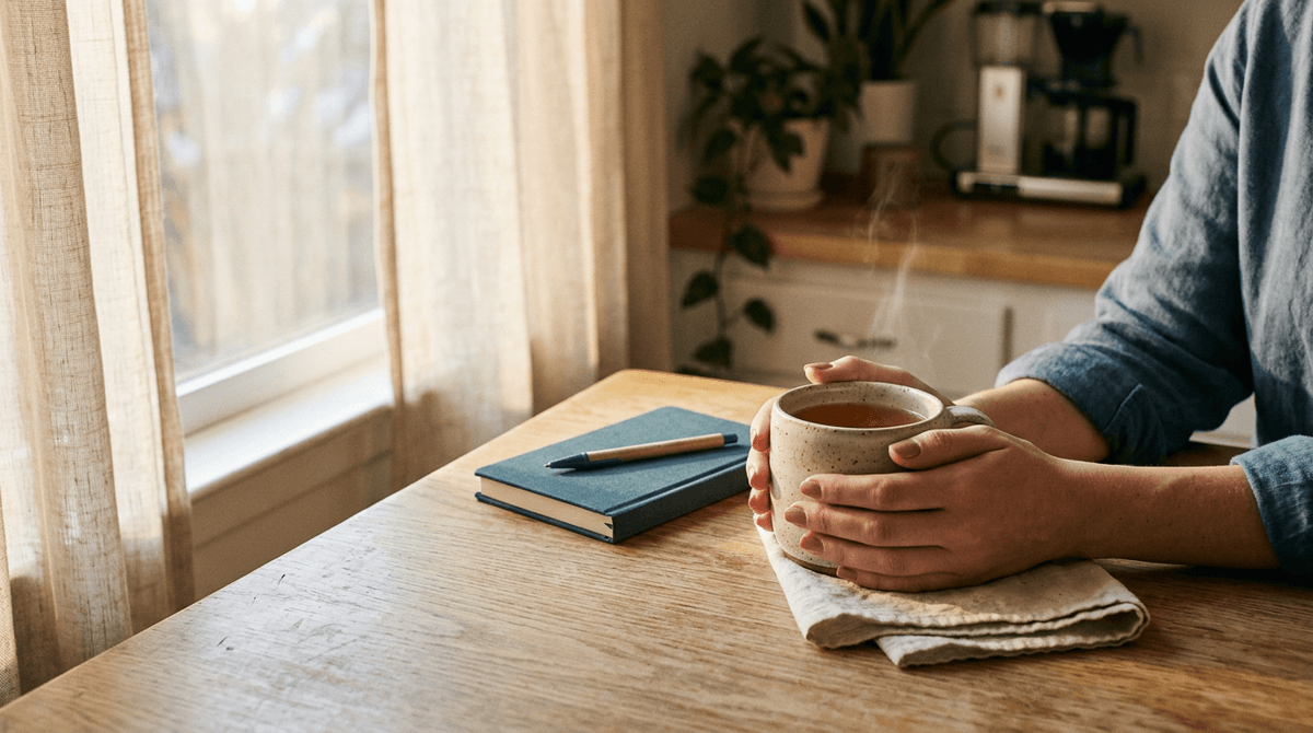 Warm sunlit scene of hands resting on a tea mug at a quiet kitchen table in the early morning, evoking a calm moment of reflection