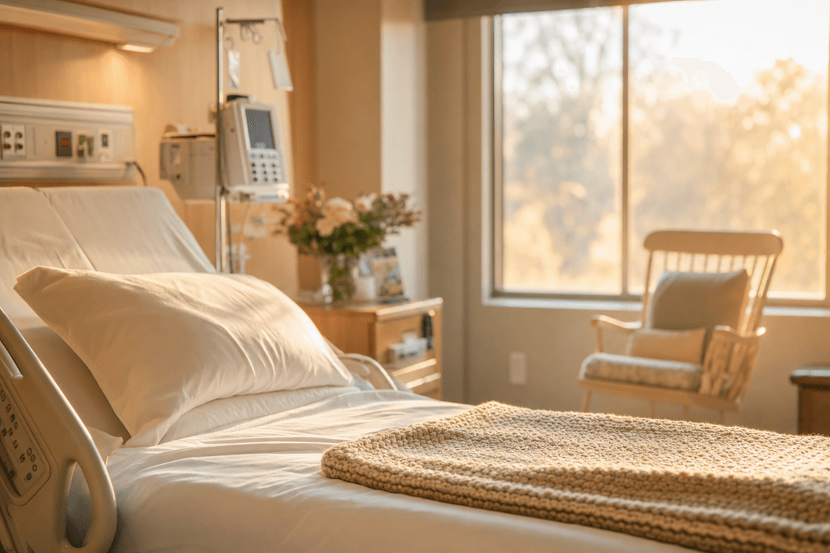 A sunlit labor and delivery room in warm golden light, with a neatly made bed, a soft knit blanket, fresh flowers, and a wooden rocking chair by the window.