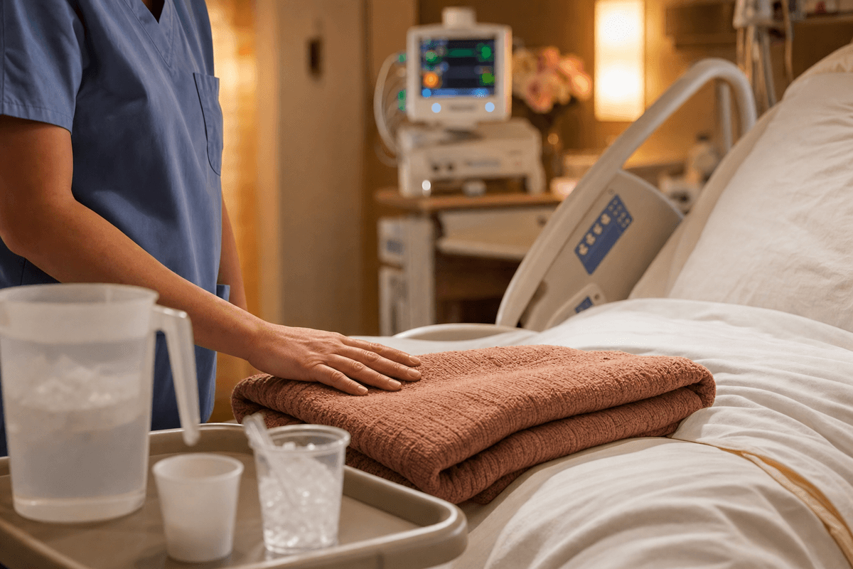A labor nurse's hand resting gently on a folded warm blanket beside a hospital bed, with water and ice nearby and monitors glowing softly in warm lamplight.