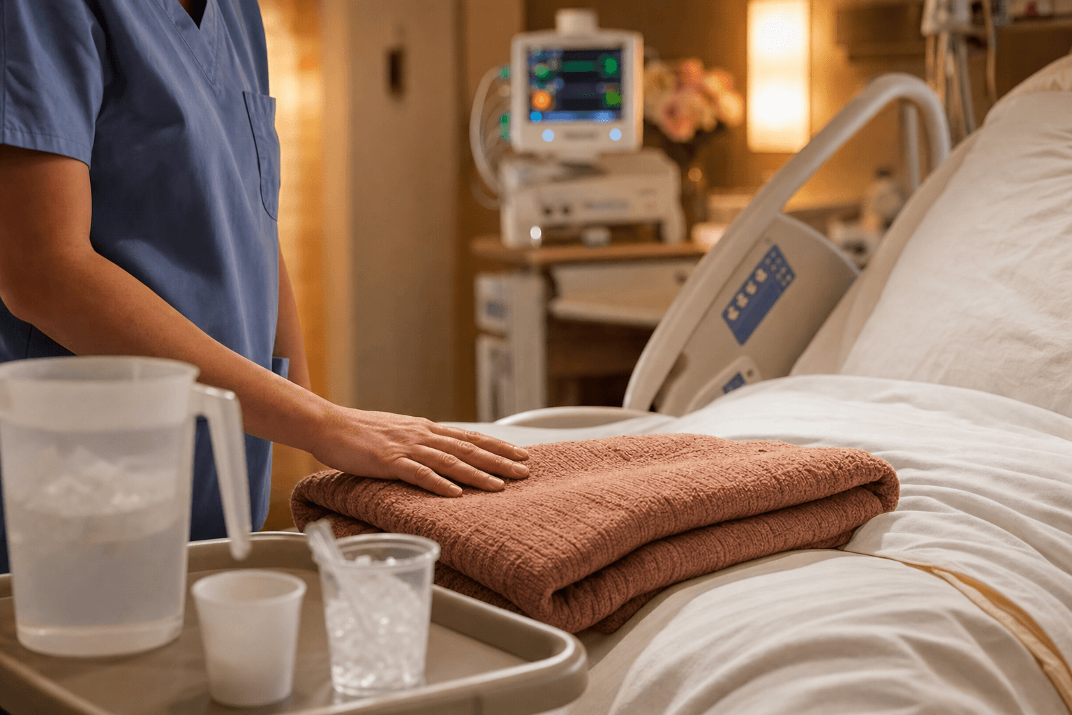 A labor nurse's hand resting gently on a folded warm blanket beside a hospital bed, with water and ice nearby and monitors glowing softly in warm lamplight.
