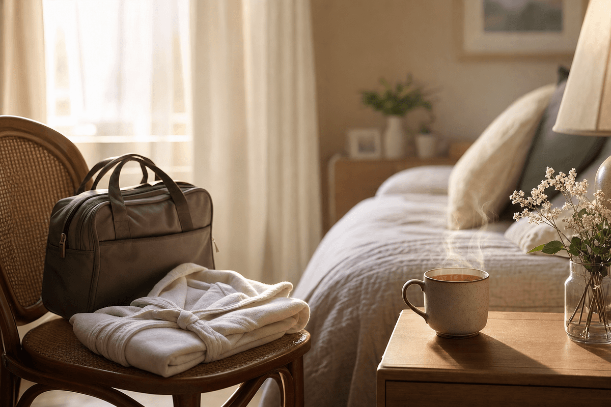 A neatly folded robe and a small overnight bag resting on a wicker chair beside a bed, with a steaming mug and white flowers in soft golden morning light, evoking calm and simple preparation.